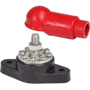 Red protective battery terminal cover and bolt base.