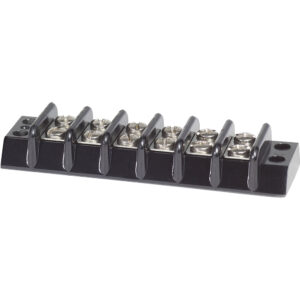 Black terminal block, six positions, side view