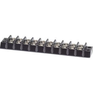 Black electrical terminal block with metal screws.