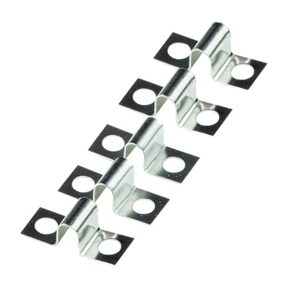 Metal cable clip with four mounting holes.
