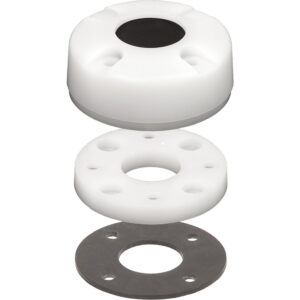 Exploded view of round plastic and metal components.