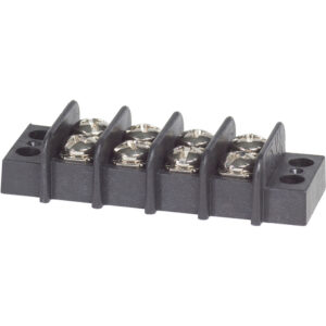 Four-terminal block connector, black plastic with metal screws.