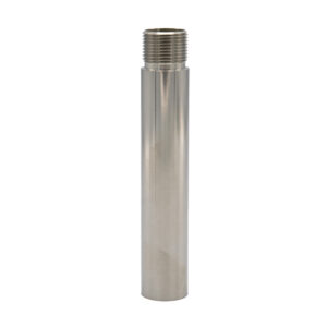 Stainless steel threaded pipe, vertical view.