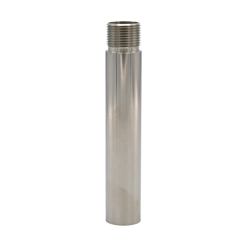 Stainless steel threaded pipe, vertical view.
