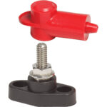 Red plastic cap over black bolt mount.