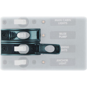 Boat switch panel with toggle switches.