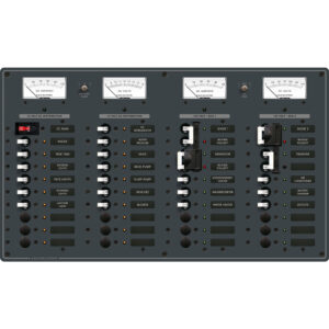 Boat electrical panel with switches and gauges.