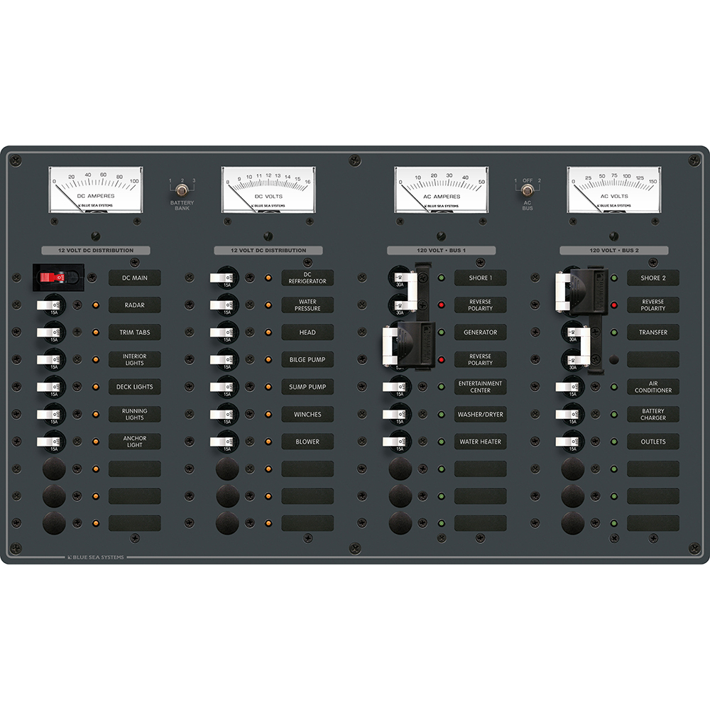 Boat electrical panel with switches and gauges.