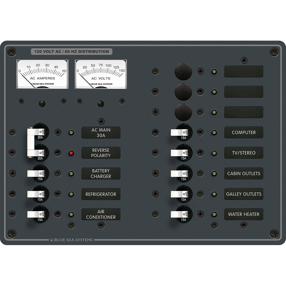 120V AC panel with circuit breakers and labels.