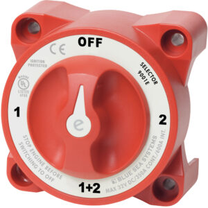 Red battery selector switch for marine systems.