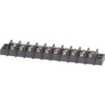 Black electrical terminal block with multiple terminals.