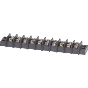 Black electrical terminal block with multiple terminals.