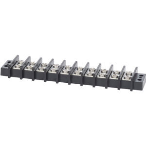Black terminal block with multiple screw terminals.