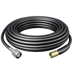 Coiled black coaxial cable with connectors