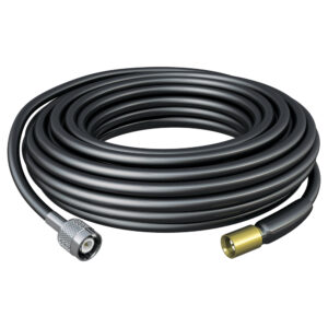 Coiled black coaxial cable with connectors.