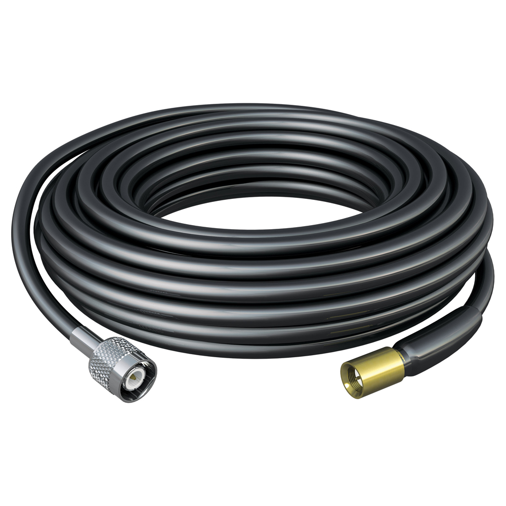 Coiled black coaxial cable with connectors.