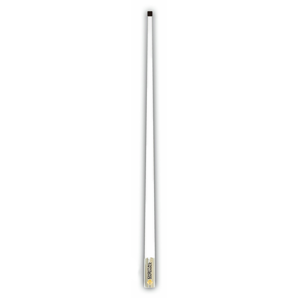 White outdoor antenna with label.