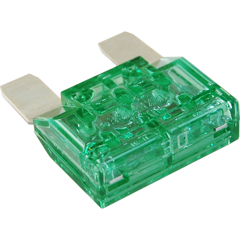 Green automotive blade fuse, transparent casing