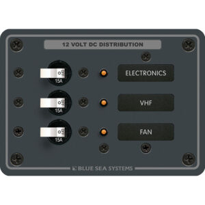12V DC distribution panel for electronics, VHF, fan.