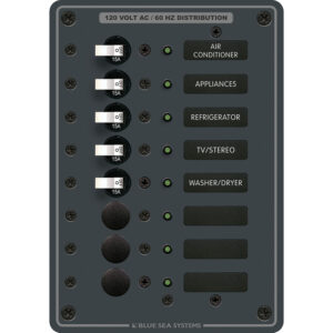 120V AC distribution panel switches and labels