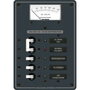 120V AC power distribution panel with breakers.