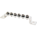 Metal guitar bridge with six saddle screws.