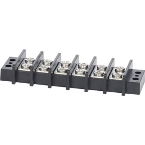 Six-position terminal block with screws and connectors.