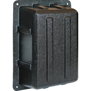Black electrical outlet cover on white background.