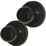 Black plastic push pins for mounting displays.