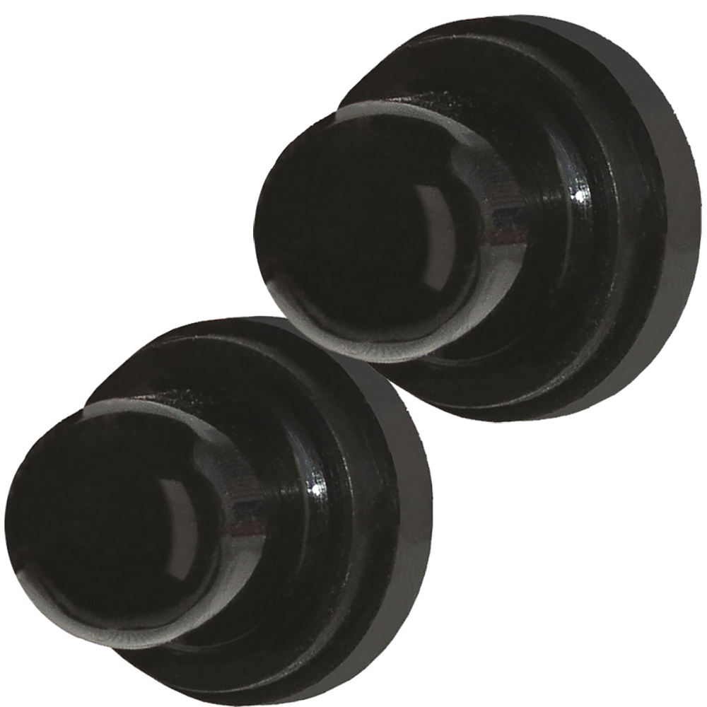 Black plastic push pins for mounting displays.