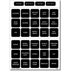 Marine switch labels for various boat functions.