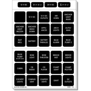 Boat electrical system label sheet with various labels.