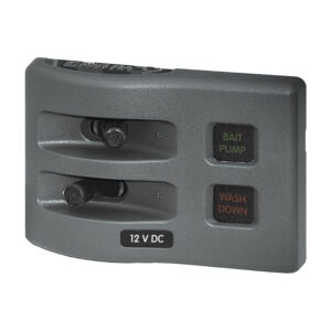Gray boat switch panel with indicators.