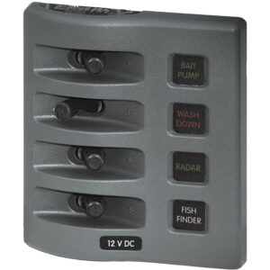 Boat switch panel with labeled toggles.