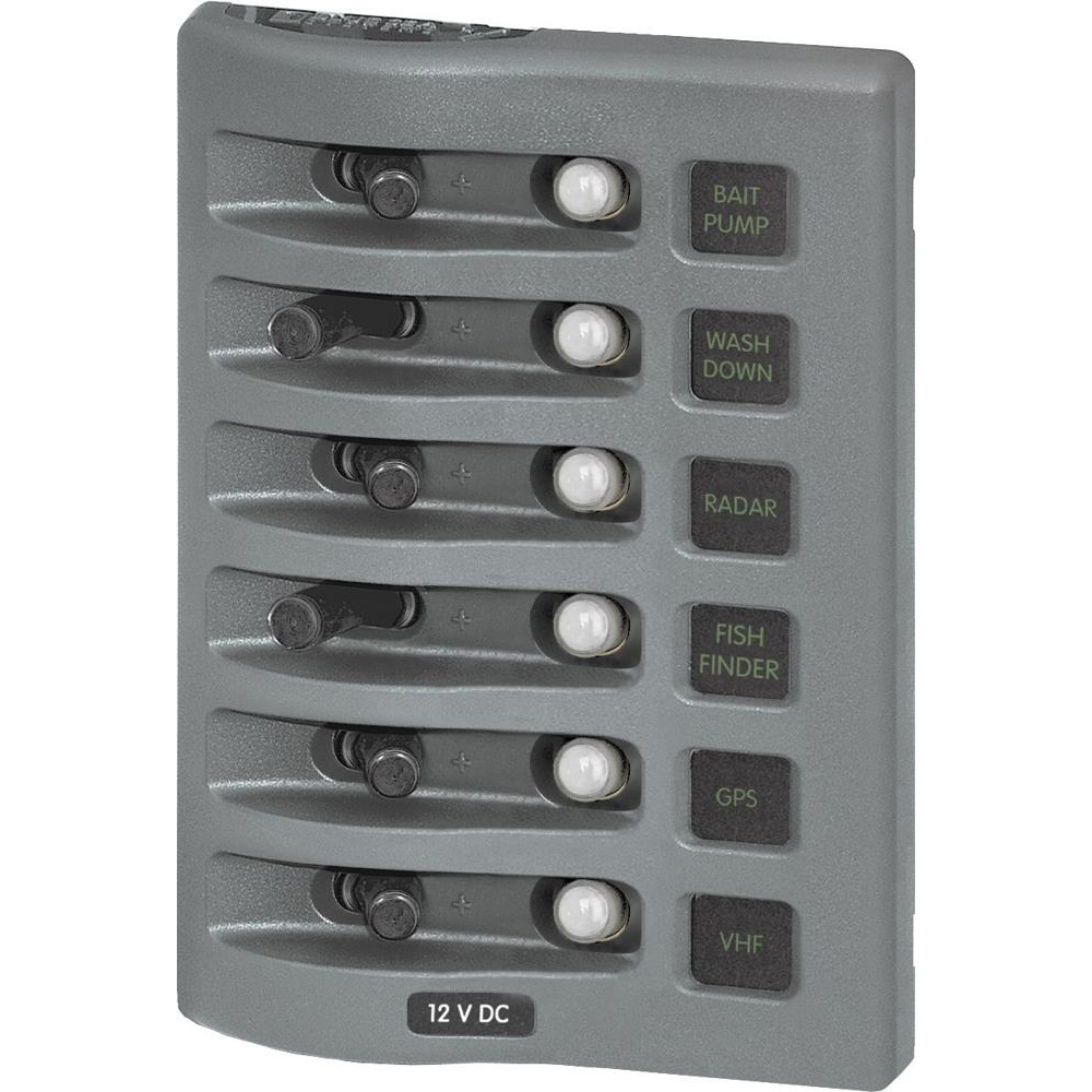 Boat switch panel with six labeled controls.