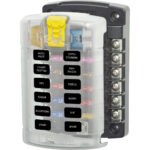 Marine fuse block with labeled circuits for electronics.