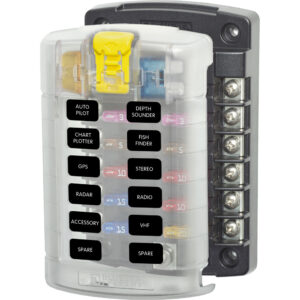 Marine fuse block with labeled circuits for electronics.