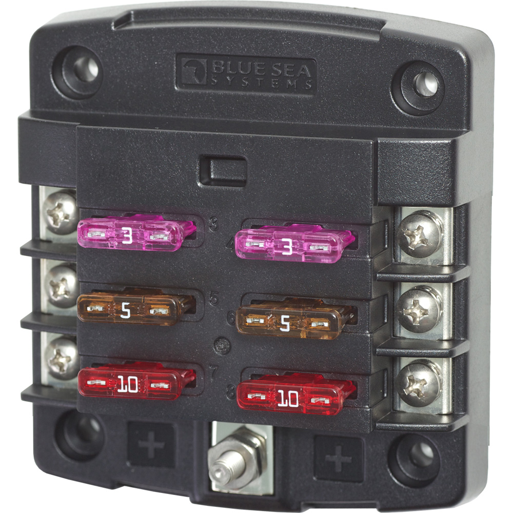 Blue Sea Systems fuse block with multiple fuses.