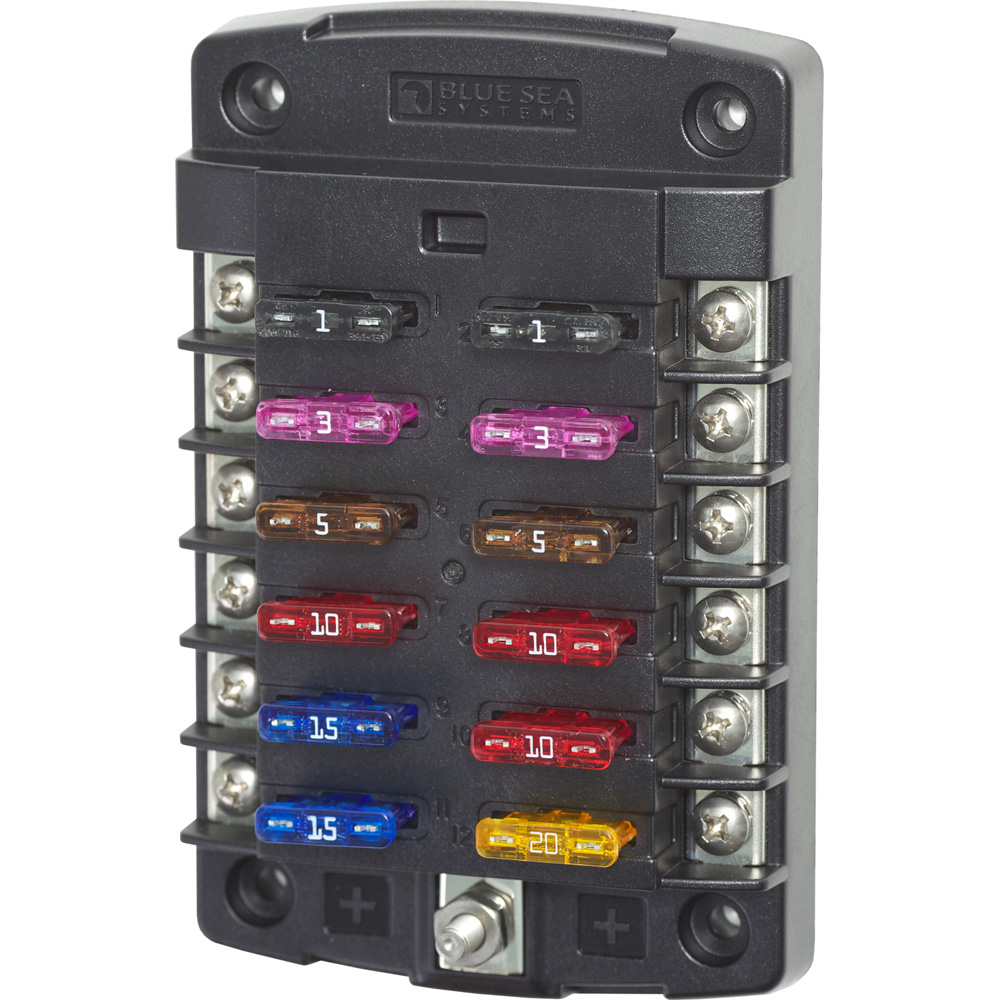 Blade fuse block with various colorful fuses.