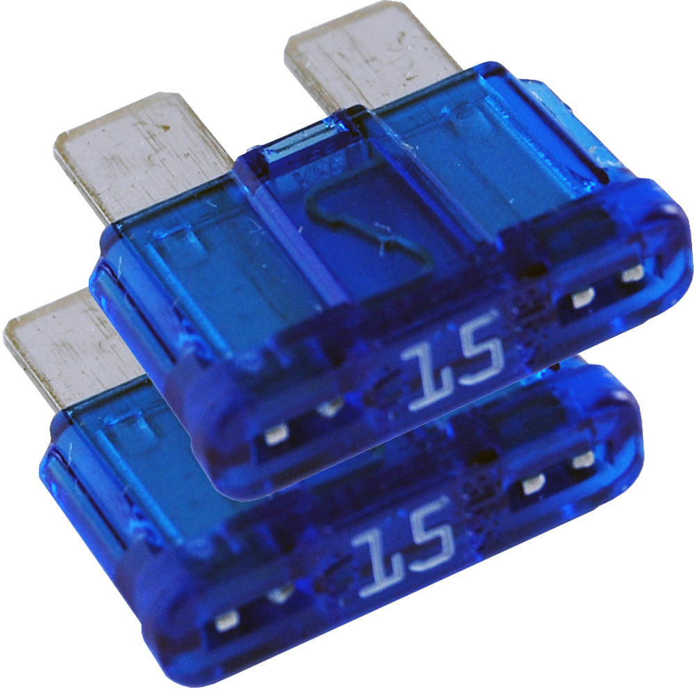 Two blue 15-amp automotive fuses stacked