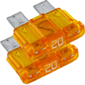 Two yellow 20-amp automotive fuses stacked.