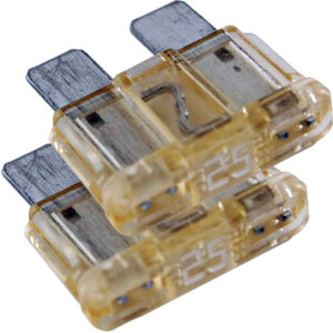 Two automotive blade fuses, 25 amp rating.