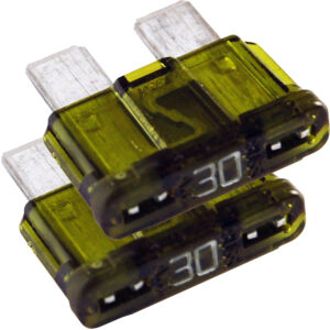 Two green 30-amp automotive fuses.