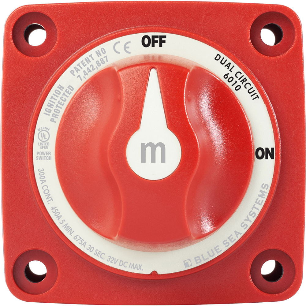 Red dual circuit battery switch with on-off options.
