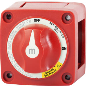 Red dual circuit battery switch, off-on positions.