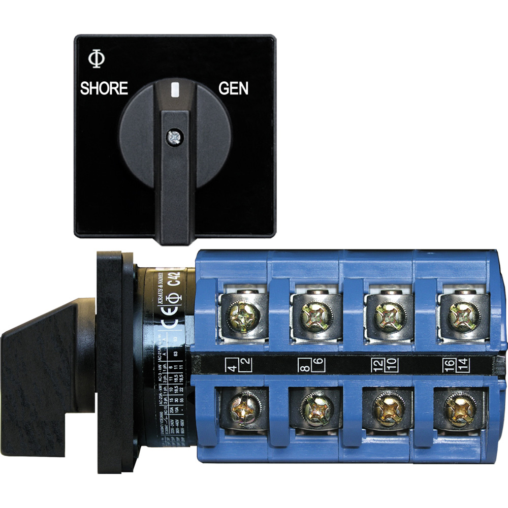 Dual position electrical switch, shore to generator.