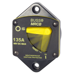 Weatherproof 135A DC circuit breaker with yellow switch.