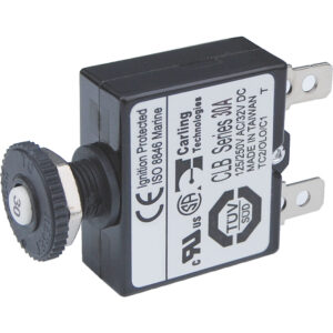 Carling 30A circuit breaker, labeled and black.