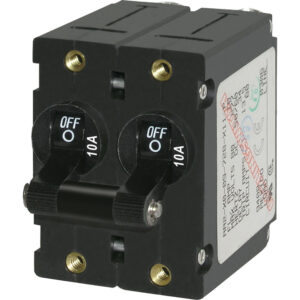 Two-pole circuit breaker, 10A rating, industrial device.