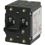 Dual 20A circuit breaker in off position.